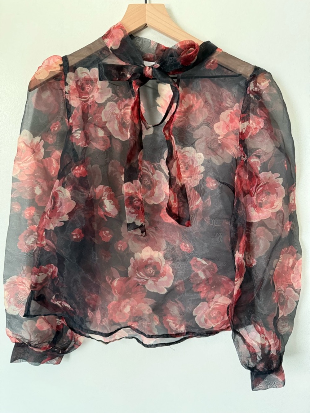 Sheer Black Pussybow Blouse with Floral Print